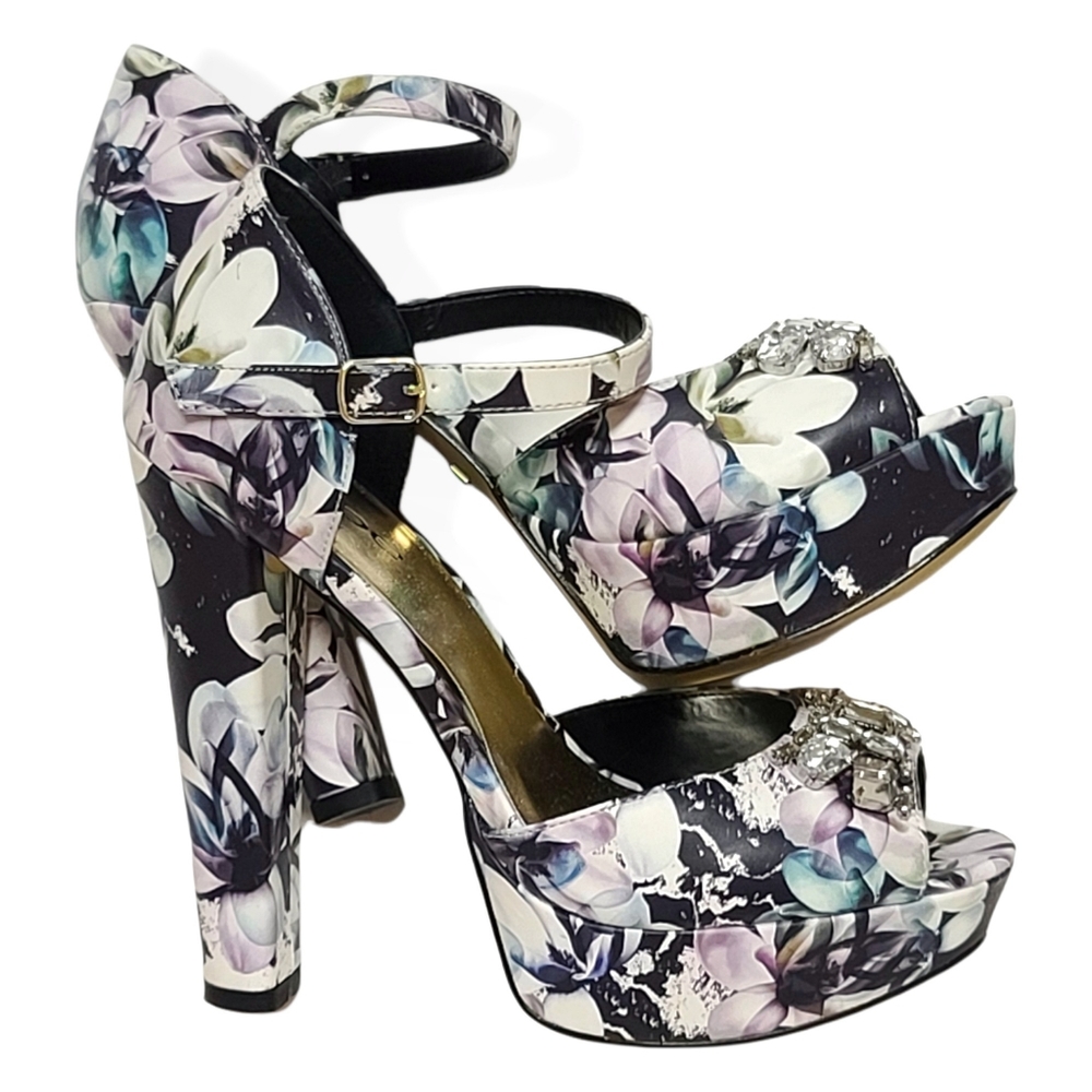 Bebe | Mary Jane Peep Toe Platform Heels with flower print & Rhinestones Size 7